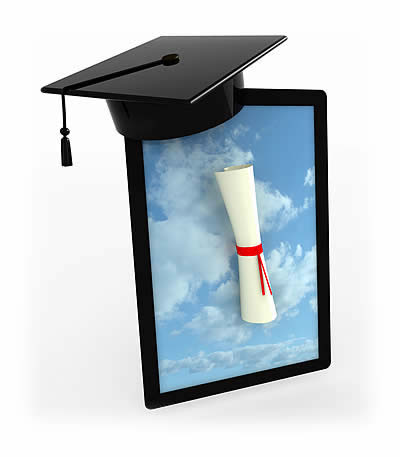 A tablet computer wearing a graduation cap and displaying a certificate.